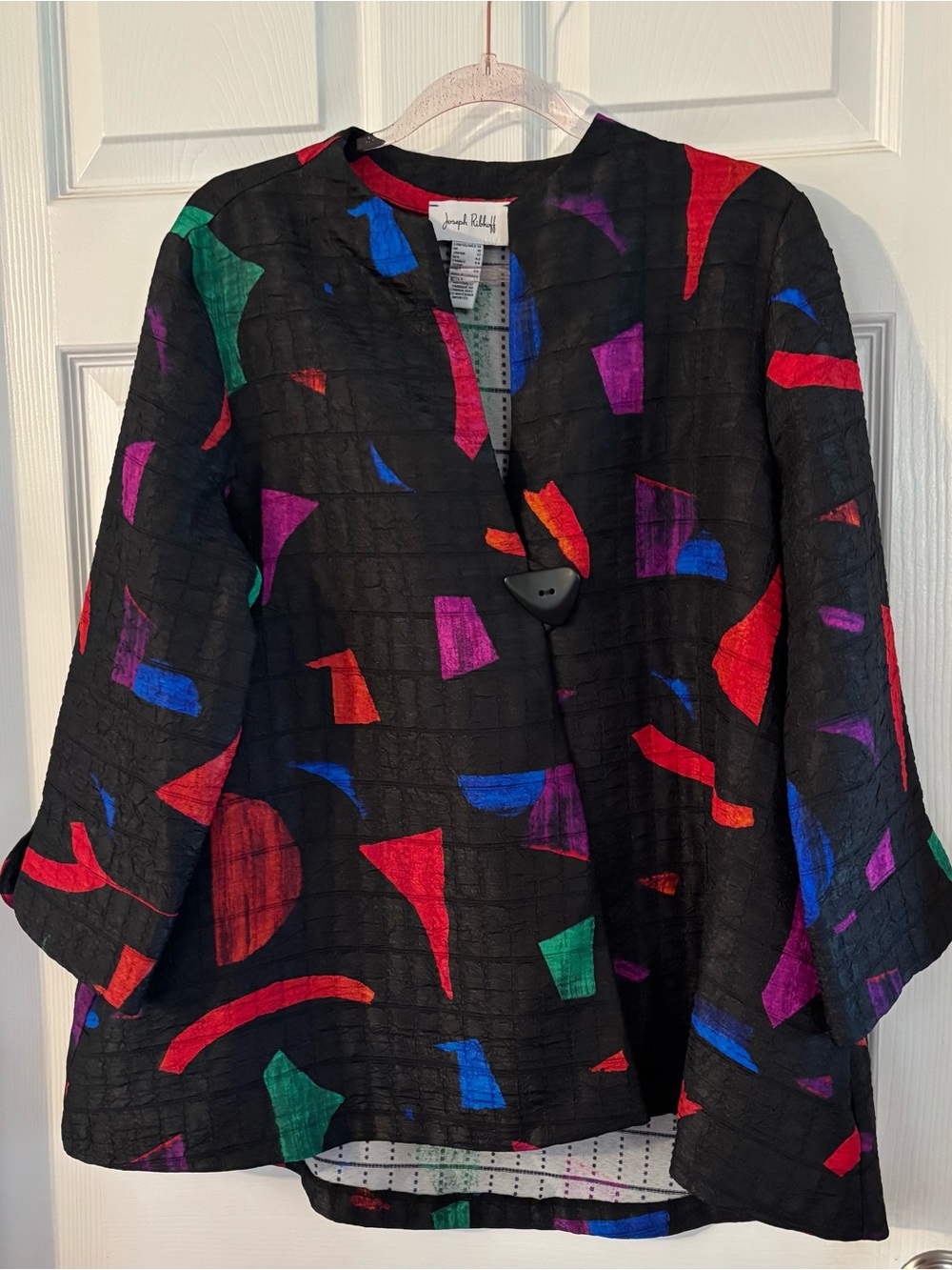 Joseph Ribkoff Black Jacket with Red, Blue and Purple Geometric Shapes